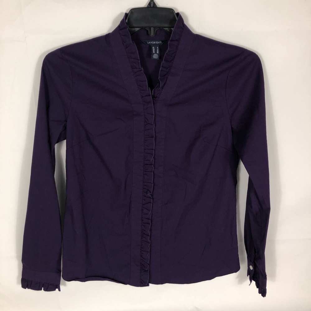 Lands End Shirt Womens Small Purple Ruffle V Neck Button Up Long Sleeve Top